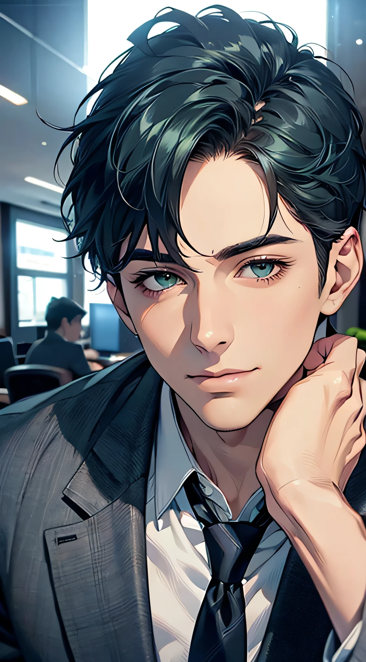 (Highest quality,4K,8k,High resolution,masterpiece:1.2),Very detailed,(Realistic,photoRealistic,photo-Realistic:1.37),1 person,Age 34,Mature Men,Beautiful Skin、very handsome,An expressionless smile in love,Blue Short Hair,Green Eyes,Sharp eyes,Absolutely perfect face,Businessman, chief executive officer（CEO）, Office Background,Cinema Lighting,HDR image,tie、