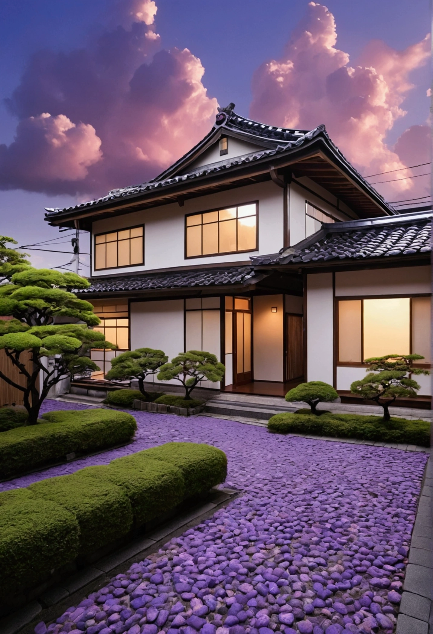 Japanese-style house、cumulonimbus　Purple Cloud　Cobblestones　boy　girl　summer　evening