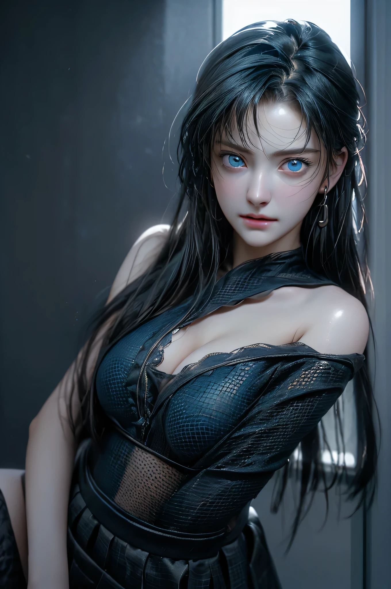 (Girl in a semi-transparent one-shoulder black miniskirt dress）, (photo realistic:1.4), (hyper realistic:1.4), (realistic:1.3), (smoother lighting:1.05), (increase cinematic lighting quality:0.9),. 32K, 1girl,20yo girl, realistic lighting, backlight, light on face, ray trace, (brightening light:1. 2), (increase image quality:1.4), (highest quality realistic textured skin:1. 4),(Big Blue Eyes)、Detailed drawn eyes、Detailed painted face、Fine textured eyes、(tired、sleepy、satisfaction:0.0)、Close-up of face、A shirt that shows off a lot of cleavage、(Accentuates the body line:1.1)、(Beautiful textured skin:1.1)
