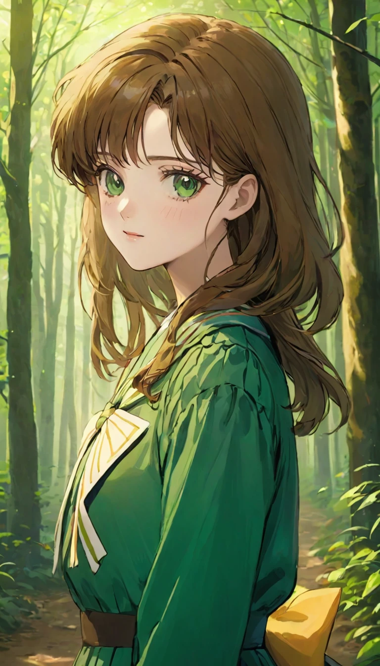 A girl、、((非常に繊細な描写のFace))、((Very detailed_Face_pupil))、look back、Background blur、Blurred background、Dark Forest、Deep Forest、Walk、best quality、Ultra-high resolution、Very detailed、８ｋ、SailorJupiter，Hold your phone