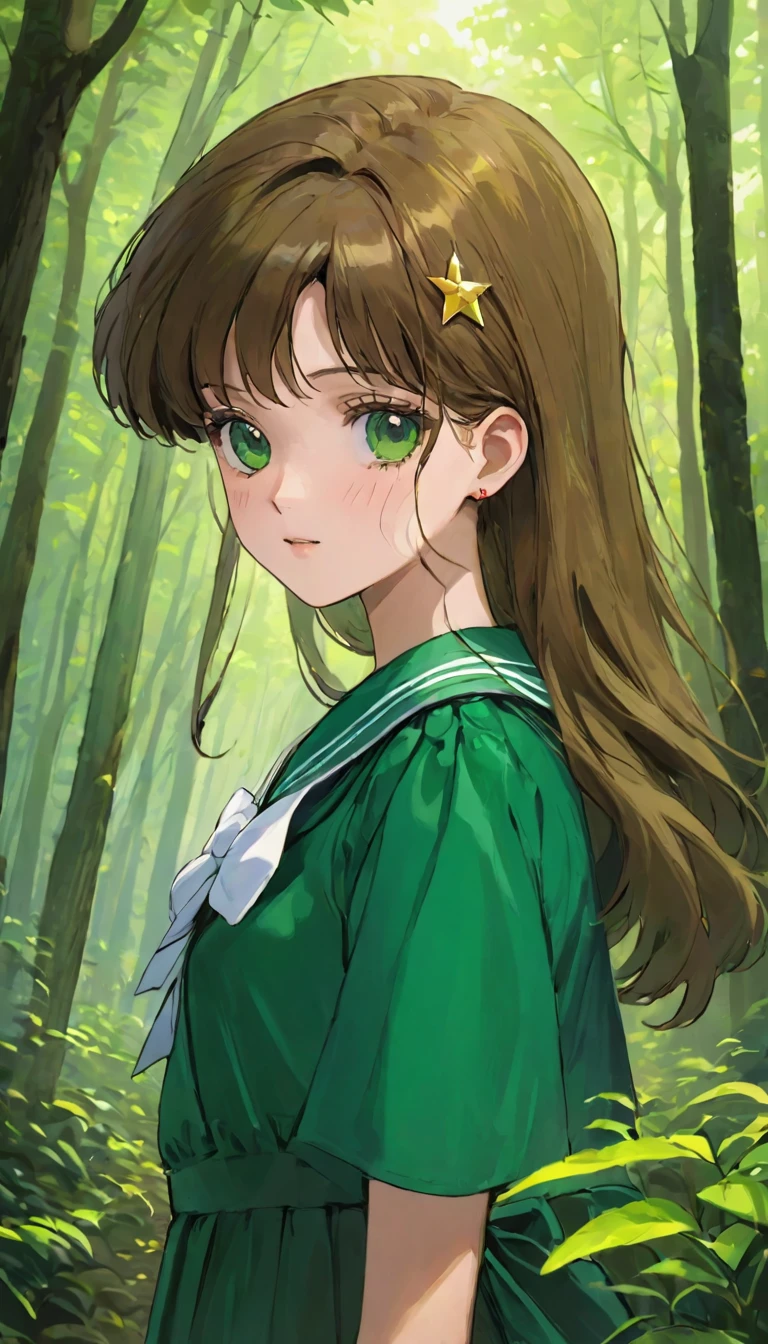 A girl、、((非常に繊細な描写のFace))、((Very detailed_Face_pupil))、look back、Background blur、Blurred background、Dark Forest、Deep Forest、Walk、best quality、Ultra-high resolution、Very detailed、８ｋ、SailorJupiter，Hold your phone