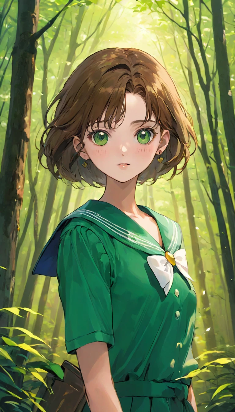 A girl、************、((非常に繊細な描写のFace))、((Very detailed_Face_pupil))、look back、Background blur、Blurred background、Dark Forest、Deep Forest、Walk、best quality、Ultra-high resolution、Very detailed、８ｋ、SailorJupiter，Hold your phone