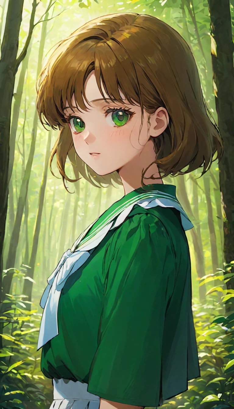 A girl、、((非常に繊細な描写のFace))、((Very detailed_Face_pupil))、look back、Background blur、Blurred background、Dark Forest、Deep Forest、Walk、best quality、Ultra-high resolution、Very detailed、８ｋ、SailorJupiter，Hold your phone