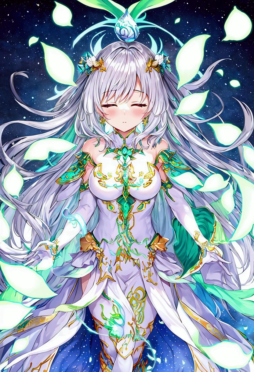 Venus、The background is silver&green: Surrounded by a white aura、god々Shii、An illustration、close your eyes、whole body