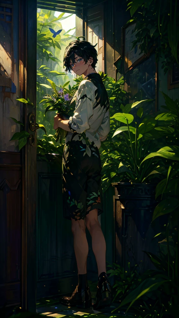 (Mastepiece), (Best Quality), Very detailed, (1 boy:1.5), (Full body solo shot:1.4), Perfect Face, Beautiful Boy, Very detailedな顔，(Black short hair:1.5)，(Green Eyes:1.4)，(short pants:1.4)、(Lots of butterflies々:1.4)、bird、(Ruined station、Plants、flower:1.4)、mysterious、Fantasy、beautiful、beautiful、(Close your eyes and laugh:1.3)、(Happy Face:1.4)、A big smile