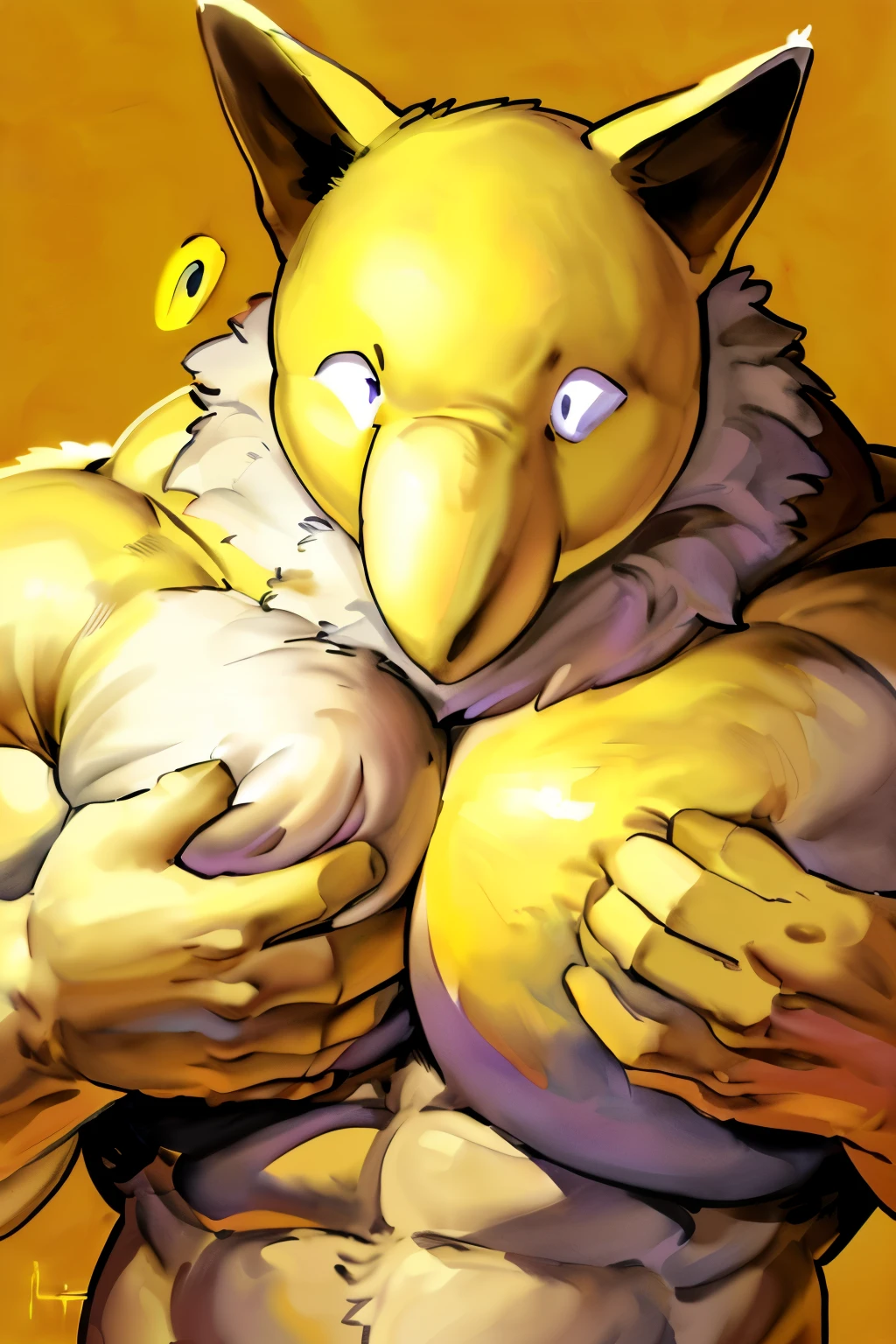 Furry, Anthro, solo, Hypno, Male, (((muscular body, massive thighs, massive male pectorals, fluffy neck))), ((((massive biceps, hand on chest)))), ((((((massive bulky torso, wide-eyed, head tilted)))))), naked, yellow spraypainted background, by buta99, by meesh, (((digital painting)))