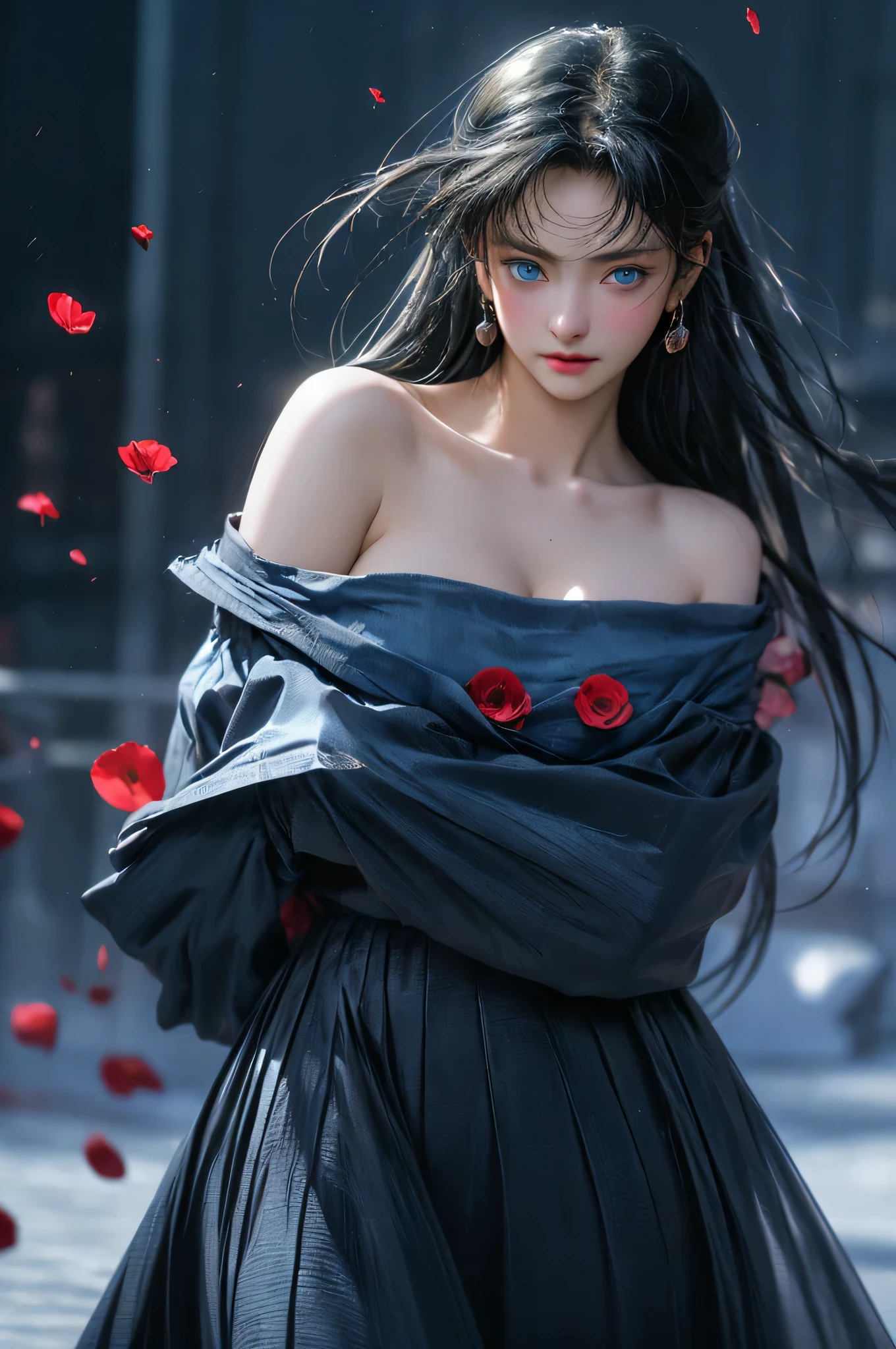 (Girl in a semi-transparent one-shoulder black miniskirt dress), (photo realistic:1.4), (hyper realistic:1.4), (realistic:1.3), (smoother lighting:1.05), (increase cinematic lighting quality:0.9),. 32K, 1girl,20yo girl, realistic lighting, backlight, light on face, ray trace, (brightening light:1. 2), (increase image quality:1.4), (highest quality realistic textured skin:1. 4),(Big Blue Eyes)、Detailed drawn eyes、Detailed painted face、Fine textured eyes、(tired、sleepy、satisfaction:0.0)、Close-up of face、A shirt that shows off a lot of cleavage、(Accentuates the body line:1.1)、(Beautiful textured skin:1.1)、、(Red petals are flying)、accent