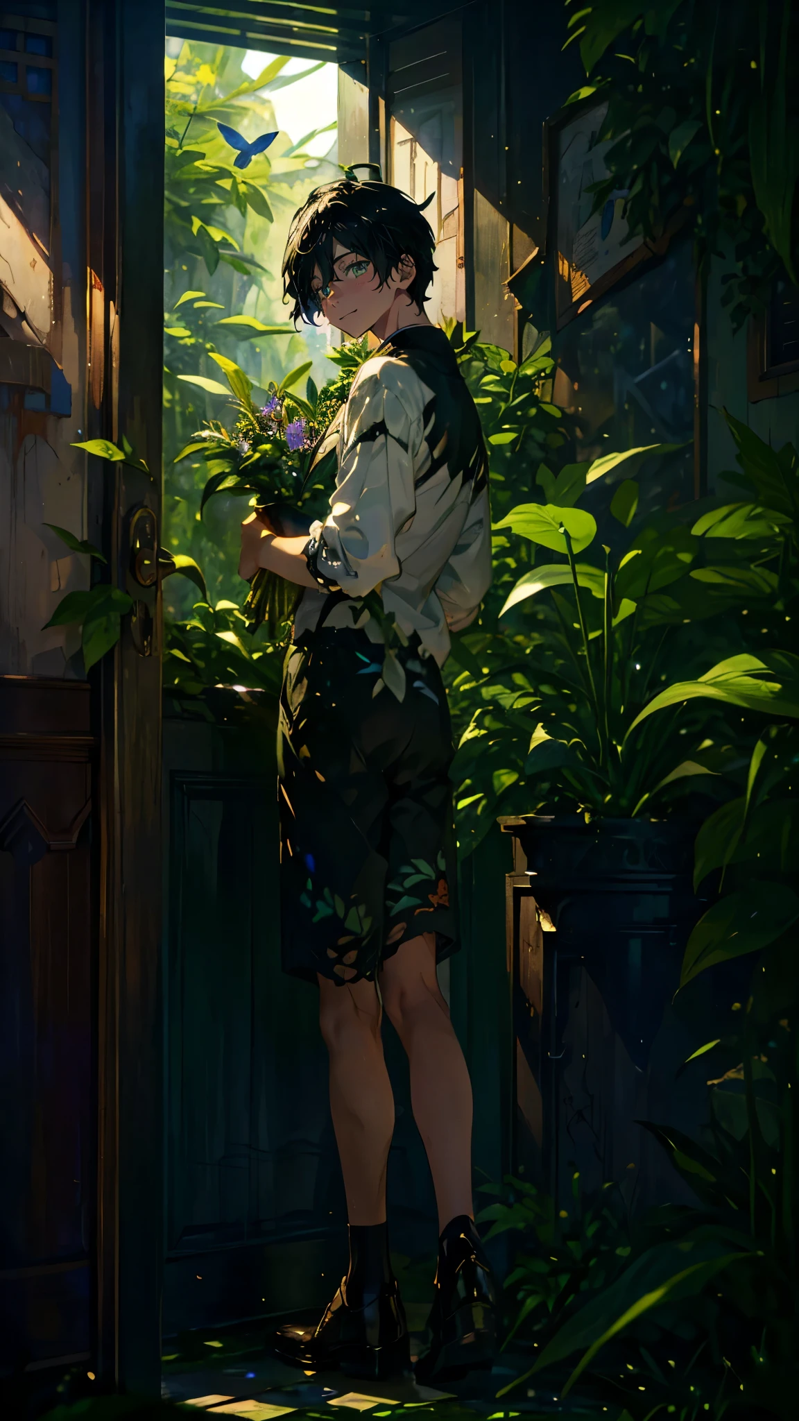 (Mastepiece), (Best Quality), Very detailed, (1 boy:1.5), (Full body solo shot:1.4), Perfect Face, Beautiful Boy, Very detailedな顔,(Black short hair:1.5),(Green Eyes:1.4),(short pants:1.4)、(Lots of butterflies々:1.4)、bird、(Ruined station、Plants、flower:1.4)、mysterious、Fantasy、beautiful、beautiful、(Close your eyes and laugh:1.3)、(Happy Face:1.4)、A big smile