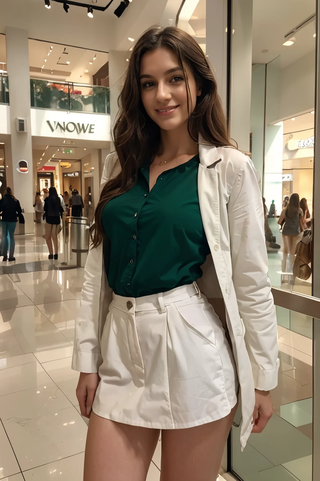 Beautiful 26 year old woman, 170 cm tall, 60kg weight, White skin, long dark curly hair, green eyes, hairstyle, wearing short shirt, Cowboys, jacket, heels, looking somewhere else, (((Mall))), front of the window, laughing out loud, natural morning light, Realistic portrait, Very detailed, analog style, under the chest, mama, nipple, (((Whole body))),