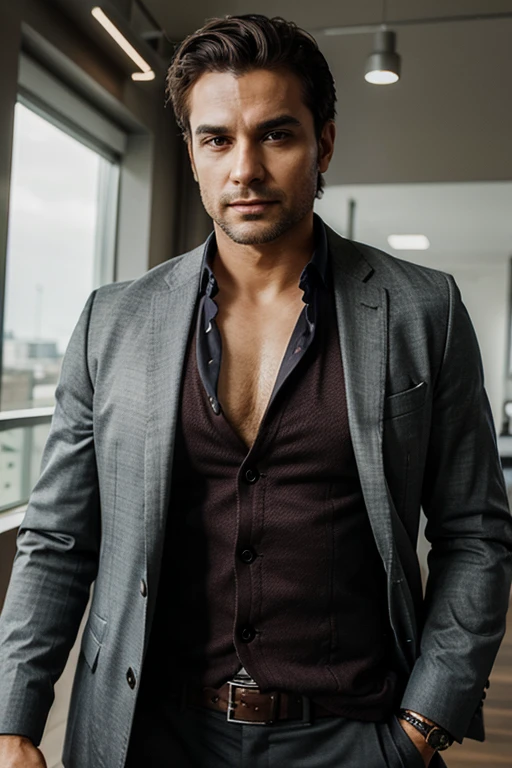 Handsome Man 40 years old, he has a golden Shih Tzu dog, lean muscular body, tan skin olive, his eyes are blue, 1.90m, his hair is dark brown with natural waves that flow down his shoulders, stubble unshaved, wearing a black blazer, blue shirt, black pants, he carries a white cat