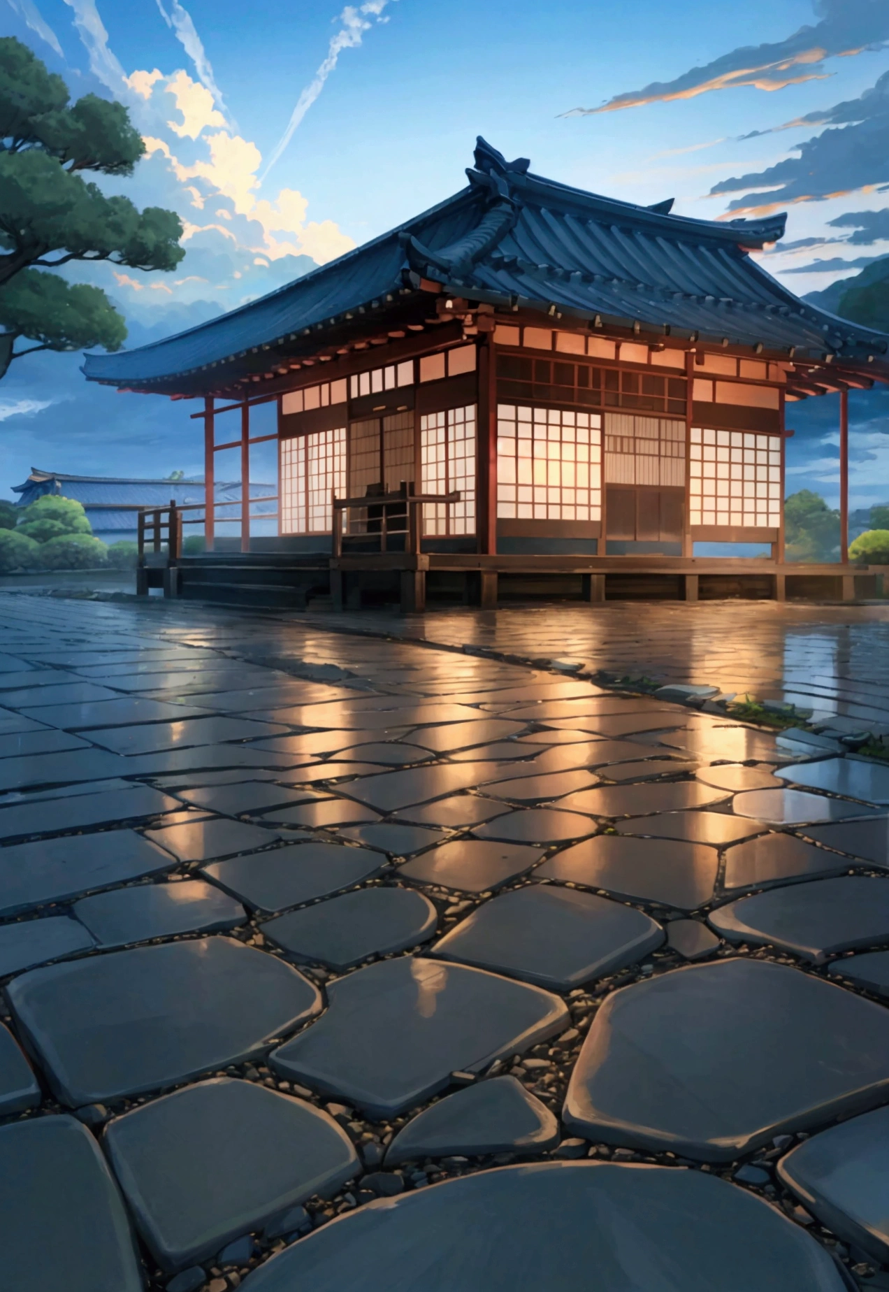 Japanese-style house、cumulonimbus Cobblestones landscape summer evening