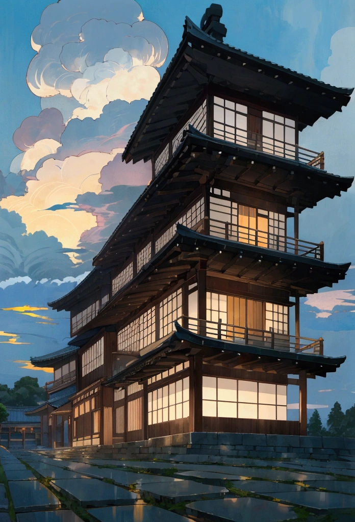 Japanese-style house、cumulonimbus Cobblestones landscape summer evening
