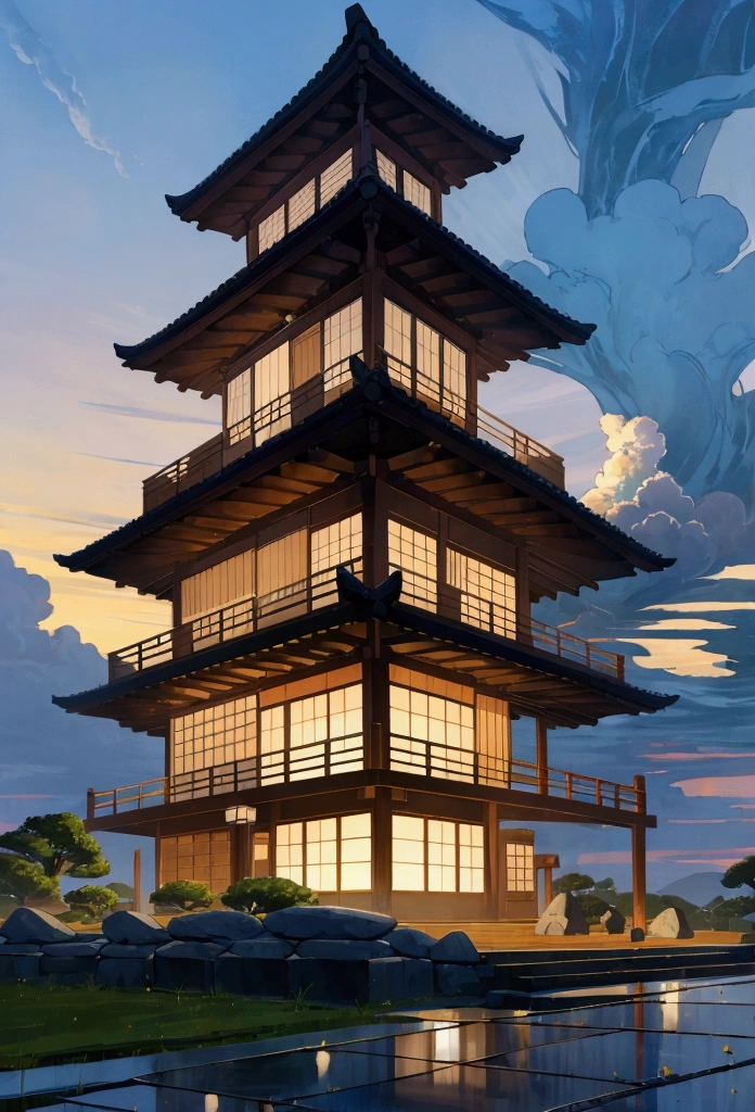 Japanese-style house、cumulonimbus Cobblestones landscape summer evening