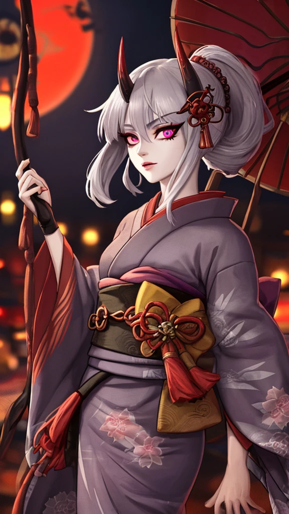 It looks like Demon Slayer,Japanese clothing kimono,Oiran,Female Swordsman,Turning around、The location is the night entertainment district。High resolution, Grey hair, Purple eyes, Horns of the beast, tooth, Highest quality, Gaze, Textured skin, Ultra high definition, Very detailed, Pink eyes, Blurred, Background blur,Long kimono