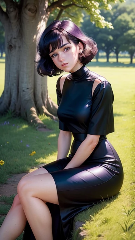 90s TV Serie photo long angle focus on her, shows a woman, freckles face, purple eyes, wavy shag haircut, perfect skin, wearing a bodycon black dress, she is resting next to a tree, in a beautiful afternoon at a long field or multiple flowers, retro VHS filter, 1980 vibes, aesthetic