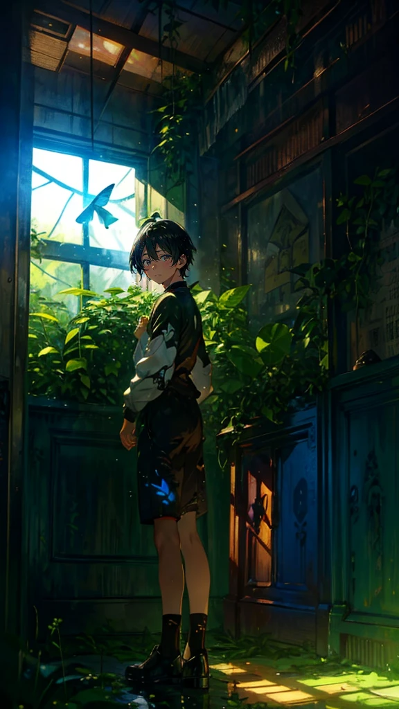 (Mastepiece), (Best Quality), Very detailed, (1 boy:1.5), (Full body solo shot:1.4), Perfect Face, Beautiful Boy, Very detailedな顔,(Black short hair:1.5),(Green Eyes:1.4),(short pants:1.4)、(Lots of butterflies々:1.4)、bird、(Ruined station:1.5)、(Plants、flower:1.4)、mysterious、Fantasy、beautiful、beautiful、(Close your eyes and laugh:1.3)、(Happy Face:1.4)、A big smile