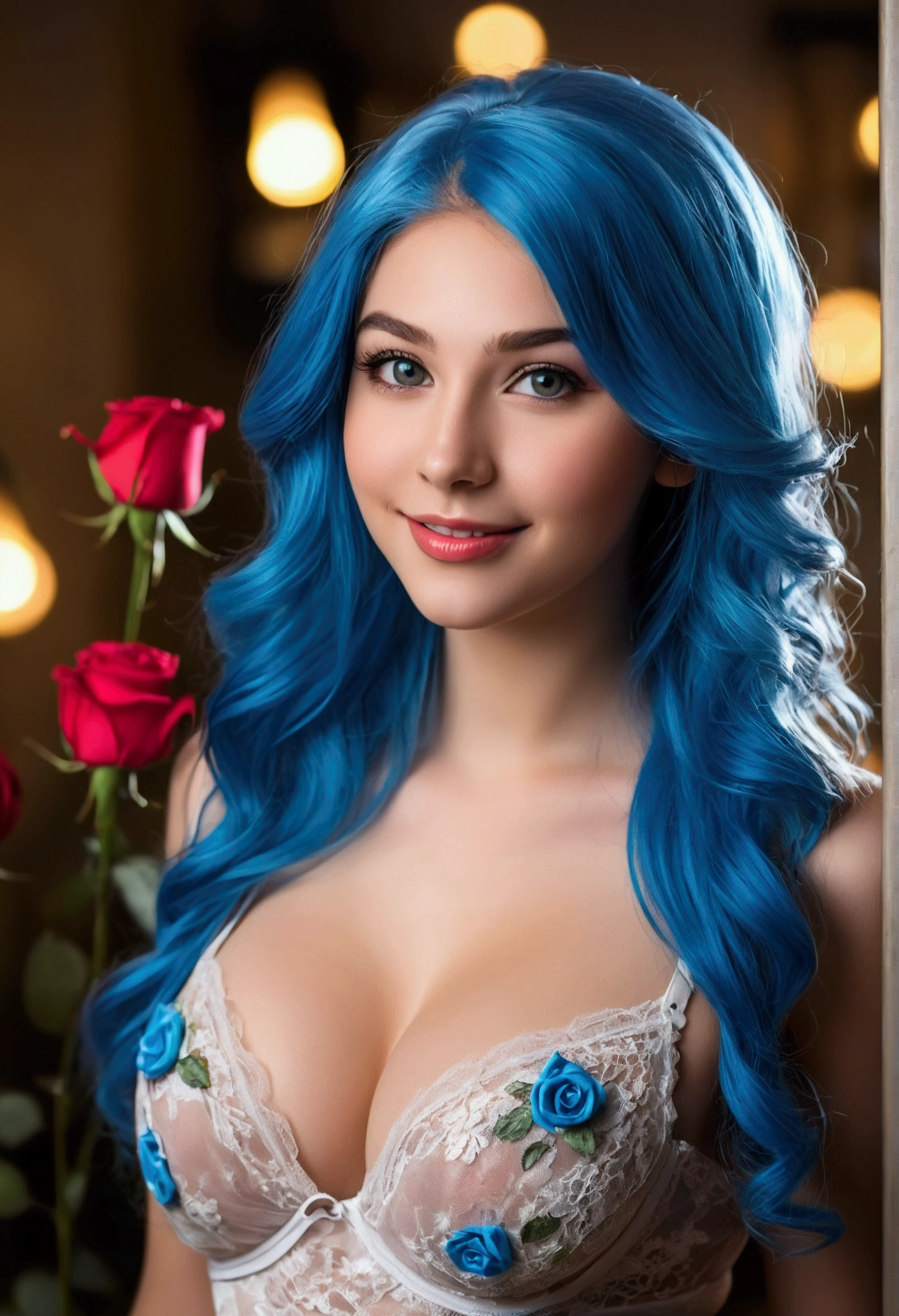 Best Quality, ultra detailed, photorealistic: 1.39), Face of 19 year old naughty ager., Girl in love with big breasts, bright and vibrant colors, studio lighting, romantic expression, (beautiful lingerie with transparencies,) Elegant makeup, long blue hair blowing in the wind, attractive eyes, bright lips, pose sexy, beautiful roses, smiling confidently and seductively, posing for a professional photo shoot, shallow depth of field, soft natural lighting, creating a romantic and magical atmosphere. in the clothing store, (( Full body shot))
