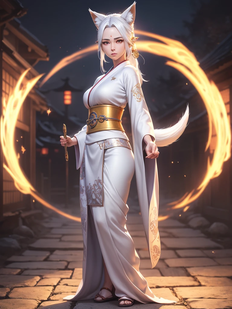4K Digital art style quality, digital drawing mode, Japanese folklore-themed anime female character, silvery white hair with fox ears and tails, bright gold eyes, wearing a traditional dress with magical runes, holding a mystical fan, Blur the background to create a three-dimensional effect, atmosphere, standing in a serene feudal Japan village, radiant skin, flowing hair, glossy lips, protective eyes, full body, dynamic pose, life size, perfect anatomy, detailed skin texture, full HD, 4K, HDR, perfect anatomy, depth of field.