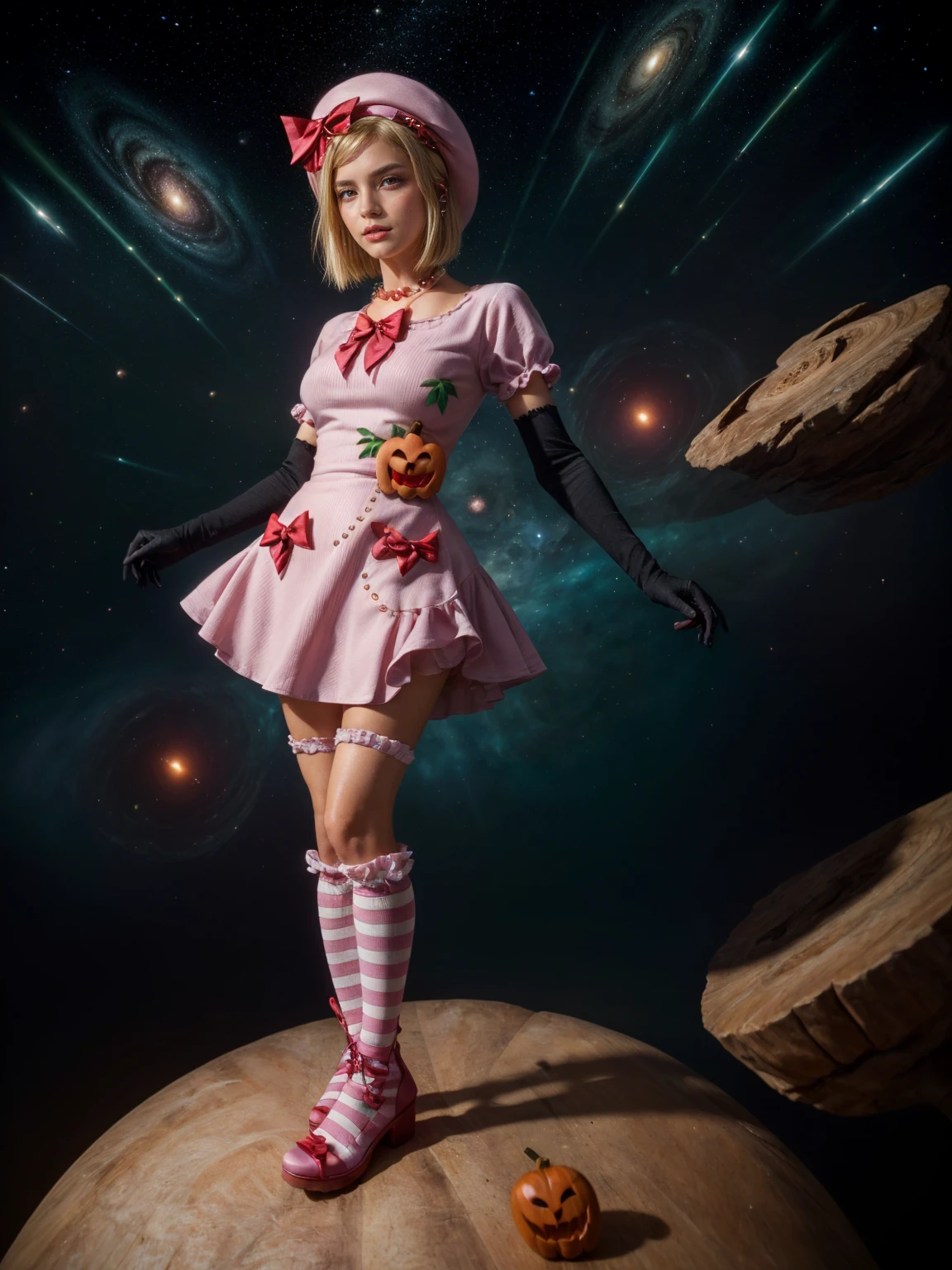 (1 lady), The beautiful, (Best quality at best:1.4), (ultra - detailed), (extremely detailed CG unified 16k), gold blonde hair, very detailed, High-definition RAW color photo, professional photoshooting, amazing face and eyes, cosmetics, (amazingly beautiful girl), ((lambdadelta, taller, tall woman)), ((dress, shoes bow, red shoes, striped stockings, red bow, pink hat, necklace, gloves, pearl, pumpkin brooch, pink dress)), levitating in a cute posture (floating in the air), (She's levitating in a cosmic sea, outer space:1.3, quantum hyperspace room lacking walls, hyperspace chamber, extremely detailed background, a lot of details background, realistic outer space background with stars quasars and cosmic bodies, brighter background), (look from above), realistic cinematic face, head to feet long wide zoomed out view, full body long view, photorealistic, ((realistic natural blonde hair style, red eyes)), gorgeous, extremely beautiful face, perfect model beauty, pout mouth, Highly Detailed Face and Skin Texture, Detailed Eyes, Double Eyelids, Big Breasts, Persistent Stare, Faith Trance, (mystical stare, looking eternity), (masterpiece), best quality, high resolution, depth of field, cinematic lighting, amazing legs, pink combat boots, clear and well-cared skin