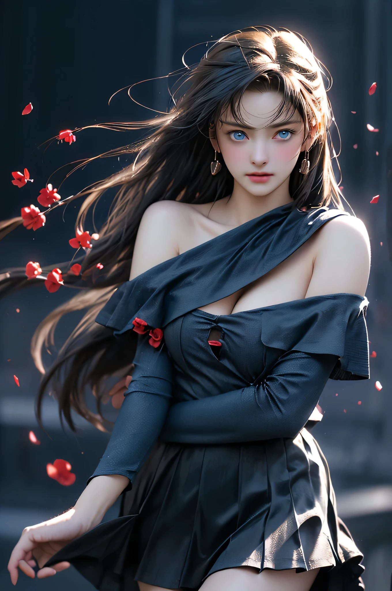 (Girl in a semi-transparent one-shoulder black miniskirt dress), (photo realistic:1.4), (hyper realistic:1.4), (realistic:1.3), (smoother lighting:1.05), (increase cinematic lighting quality:0.9),. 32K, 1girl,20yo girl, realistic lighting, backlight, light on face, ray trace, (brightening light:1. 2), (increase image quality:1.4), (highest quality realistic textured skin:1. 4),(Big Blue Eyes)、Detailed drawn eyes、Detailed painted face、Fine textured eyes、(tired、sleepy、satisfaction:0.0)、Close-up of face、A shirt that shows off a lot of cleavage、(Accentuates the body line:1.1)、(Beautiful textured skin:1.1)、、(Red petals are flying)、accent