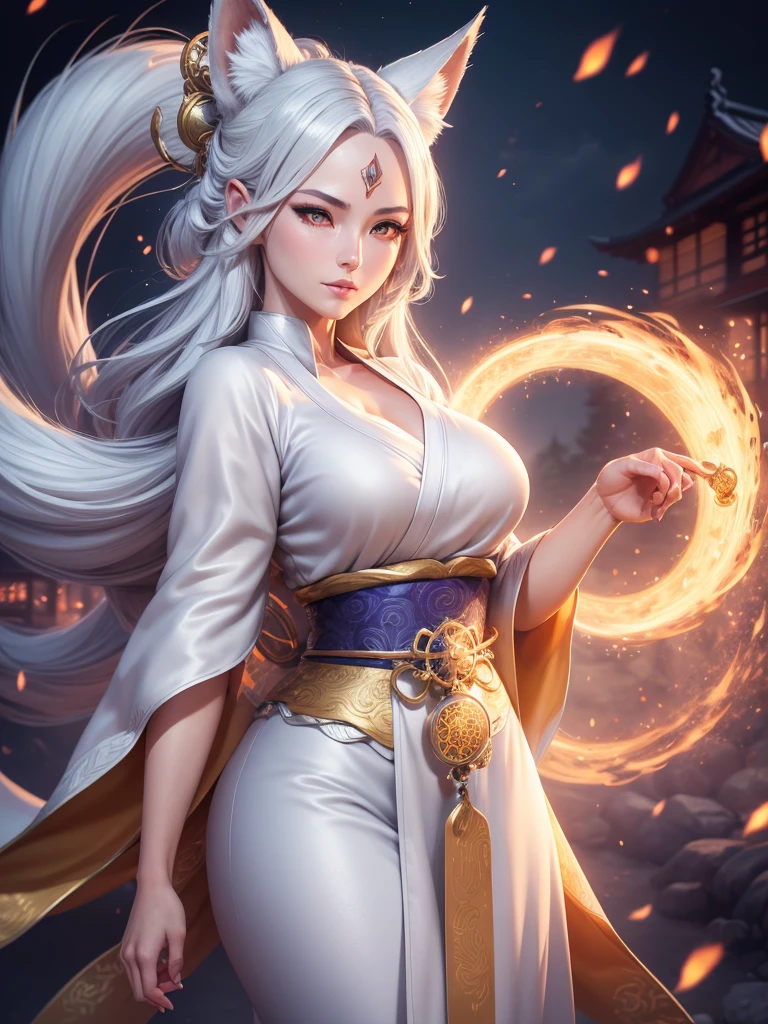 4K Digital art style quality, digital drawing mode, Japanese folklore-themed anime female character, silvery white hair with fox ears and tails, bright gold eyes, wearing a traditional dress with magical runes, holding a mystical fan, Blur the background to create a three-dimensional effect, atmosphere, standing in a serene feudal Japan village, radiant skin, flowing hair, glossy lips, protective eyes, full body, dynamic pose, life size, perfect anatomy, detailed skin texture, full HD, 4K, HDR, perfect anatomy, depth of field.