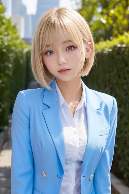 A beautiful girl、uniform、White shirt、Short cut ,light Blue blazer、Beautiful blonde、high resolution、Upper Body、Bust size is I cup