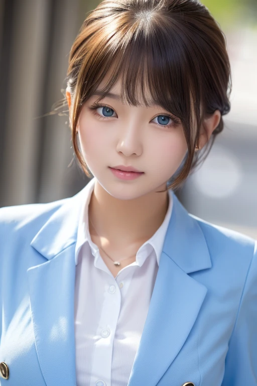A beautiful girl、uniform、White shirt、Short cut ,light Blue blazer、Beautiful blonde、high resolution、Upper Body、Bust size is I cup