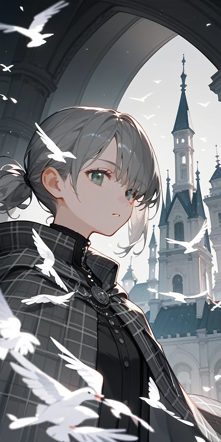 1 Girl，Gray short hair，Small ball single ponytail，Bangs cover one eye，Gray Eyes，Grey plaid cape，Background of Gothic architecture，Gray style，Beautiful light and shadow，Flying white doves