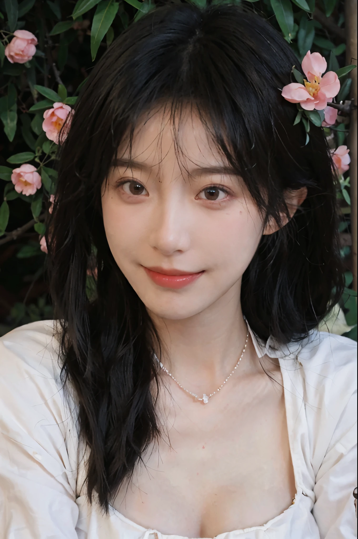best qualtiy, Ultra-high resolution, (realisticlying:1.4),cute hairpin,Baoyu Girl,European style apartment,(flatchest:1.2) ,A pair of clear and moving peach blossom eyes,Royal Sister,sunshine on face,Big waves,(ln the forest:1.4),(choker necklace:1.2),(Fair skin:1.4),a sense of atmosphere,a beauty girl, ssmile,head straight-looking at viewer, closeup cleavage ,(Photorealistic:1.4),1girll,sexly,(Upper body:1.4),(Wet body),(:1.2)