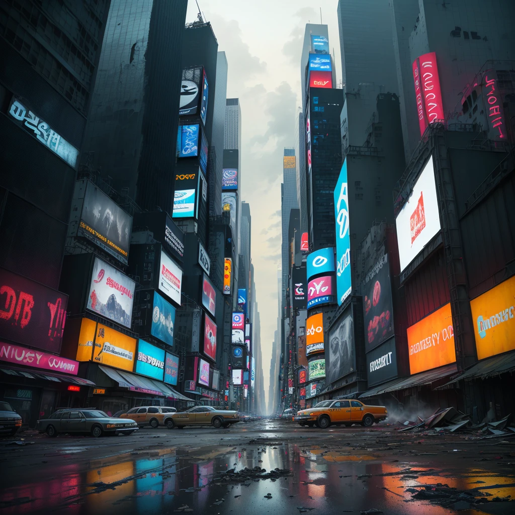 There are many cars parked on the roadside, Post-apocalyptic New York, Cities are pure wastelands, post - Doomsday City streets, in a post Doomsday City, Doomsday City, Post-apocalyptic Tokyo, Post-apocalyptic Times Square, In a ruined cityscape, In a tropical dystopic city, Doomsday City backround, Detailed New York background, post apocalyptic streets