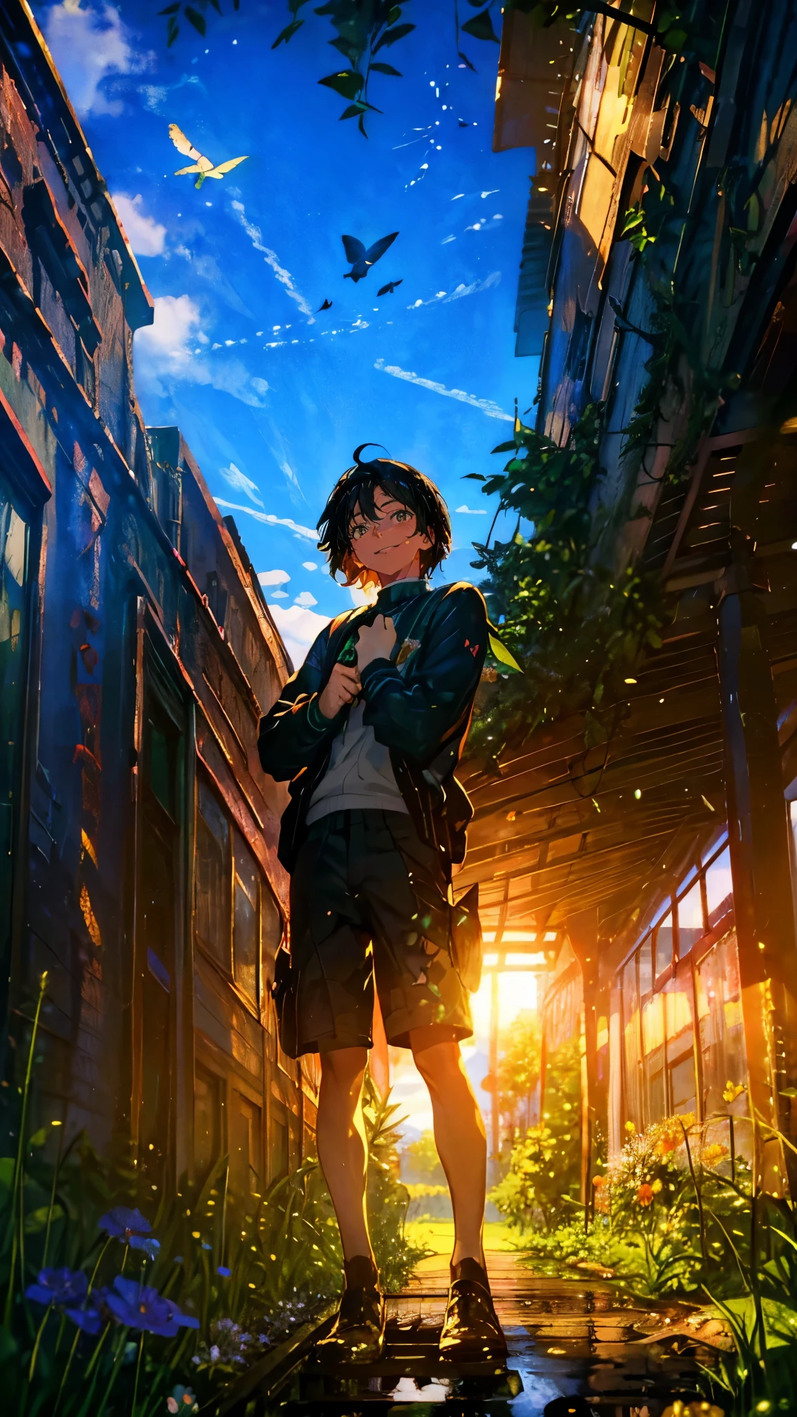 (Mastepiece), (Best Quality), Very detailed, (1 boy:1.5), (Full body solo shot:1.4), Perfect Face, Beautiful Boy, Very detailedな顔,(Black short hair:1.5),(Green Eyes:1.4),(short pants:1.4)、(Lots of butterflies々:1.4)、bird、(Abandoned train station platform:1.5)、(Plants、flower:1.4)、mysterious、Fantasy、beautiful、beautiful、(Close your eyes and laugh:1.3)、(Happy Face:1.4)、A big smile