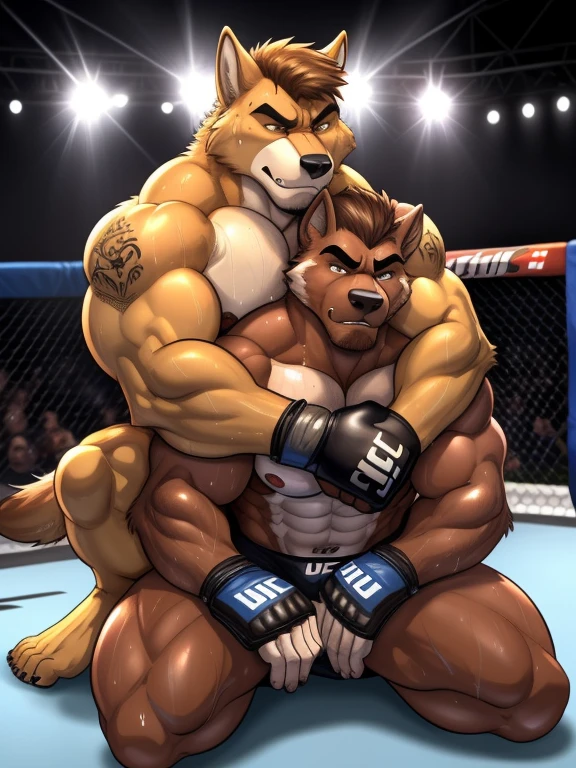 Duo male(Brown Dog vs Brown Wolf, handsomes, handsome hairstyle, Thick eyebrows, detailed face), gay(Sitting down on the ground, cuddling embraced from behind, on a UFC match), hot(Shirtless), handsomes(They are handsomes, correct anatomy), musculosos(Big muscle bodies, Six packs, muscle abs, big pecs), sweaty(very sweaty wet bodies, shiny sweat), tatuajes(they have tattoos), grumpy(Both have an grumpy expression, grumpy teeths, steaming breath), UFC gloves(They both are wearing UFC gloves), Hight resolution, by(Zourik:1.1)