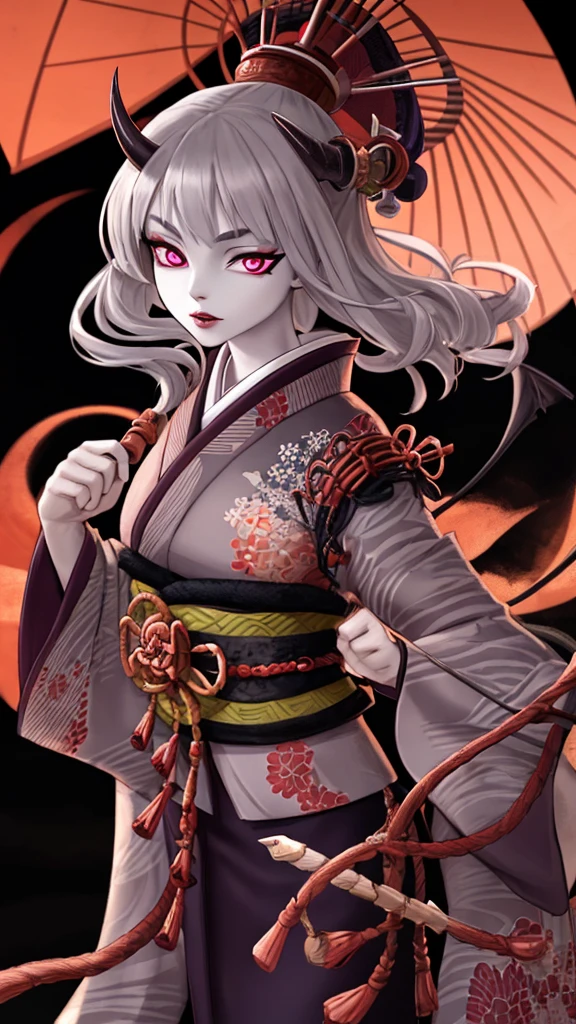 It looks like Demon Slayer,Japanese clothing kimono,Oiran,Female Swordsman,Turning around、The location is the night entertainment district。High resolution, Grey hair, Purple eyes, Horns of the beast, tooth, Highest quality, Gaze, Textured skin, Ultra high definition, Very detailed, Pink eyes, Blurred, Background blur,Long kimono