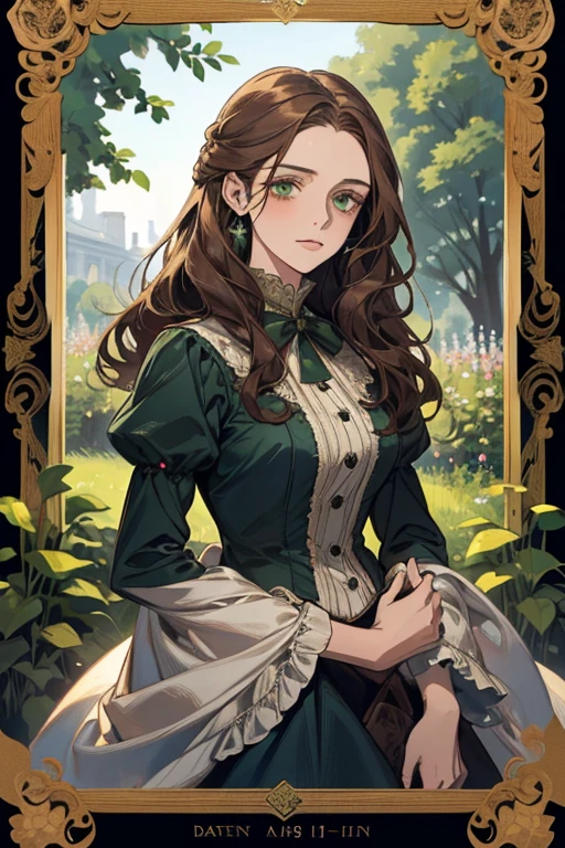 a digital painting of a woman with long brown wavy hair, green eyes, a young noble woman from the 1800's , soft features, navy blue dress, in a garden, portrait style