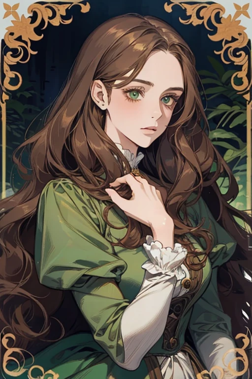 a digital painting of a woman with long brown wavy hair, green eyes, a young noble woman from the 1800's , soft features, navy blue dress, in a garden, portrait style