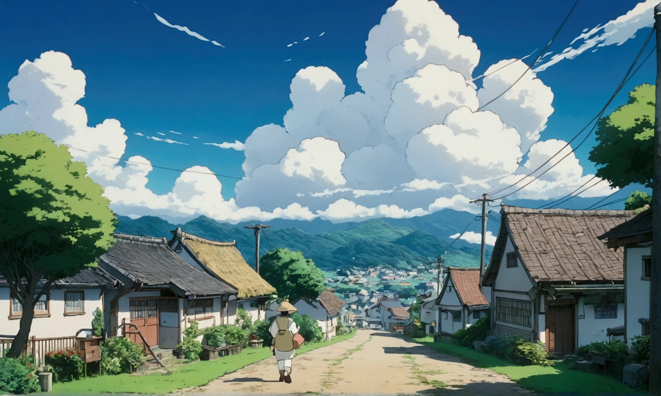 Ultra-high resolution,80s aesthetic anime ,outline,Studio Ghibli,Turn your back on the viewer,countryside, Fisherman's Town,Walking,White cloud,Anime Bloom Effect,Soft lighting,CG particle effects 4K resolution