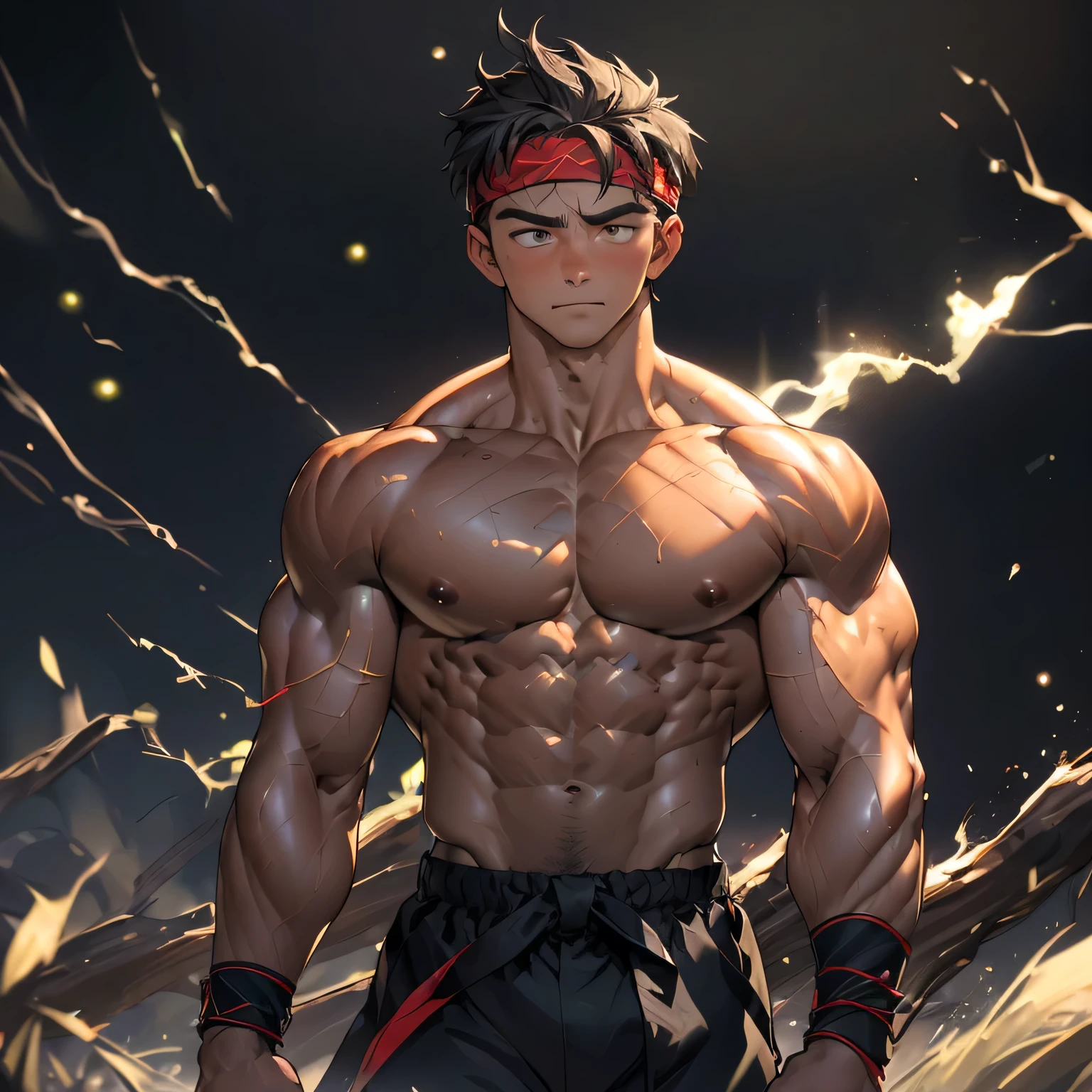 ((masterpiece, best quality)), (((((black background, deep night, looking away, (Depth of field:1.2)))))), (19 year old boy, worm eyes, Young boy, muscler, Shirtless, topless), ((((1boy, solo, flesh, tough, reliable, developed body)))), (Dark Short straight hair, ((almost completely shaved hair)), under cut), (((red headband, black wristband))), Vivid colors, ((big breast:1.2, big shoulder:1.2, muscular body, sturdy body, defined round and fleshy pecs, defined round and fleshy ABS, defined round and fleshy armsmuscular:1.2, well-defined muscles, developed body, toned weist, shouldermuscler:1.2)), muscler!, muscler body, detailed face, detailed muscle, (((rippling muscles, Flowing energy, giving off an aura of holy power, Include intense special effects such as bursts of light, energy waves, and wind to emphasize the power of his magic. Highlight his aura, blue and green aura effect, energy stream, holding aura energy, man with martial arts stance, athretic body, epic dinamic pose, )))