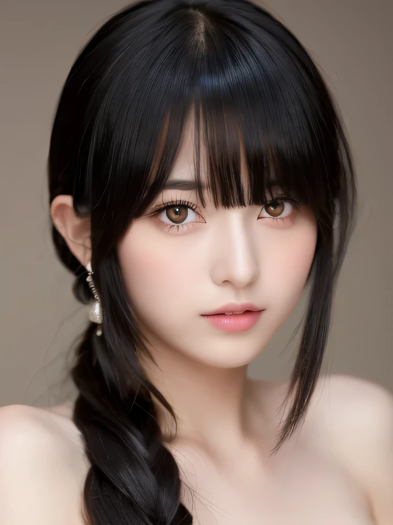 (Highest quality, ）, 1 girl, alone, Black Hair,Beautiful eyes in every detail,(naked)bangs,ear, Yellow Eyes, , Long Hair Styles、whole body