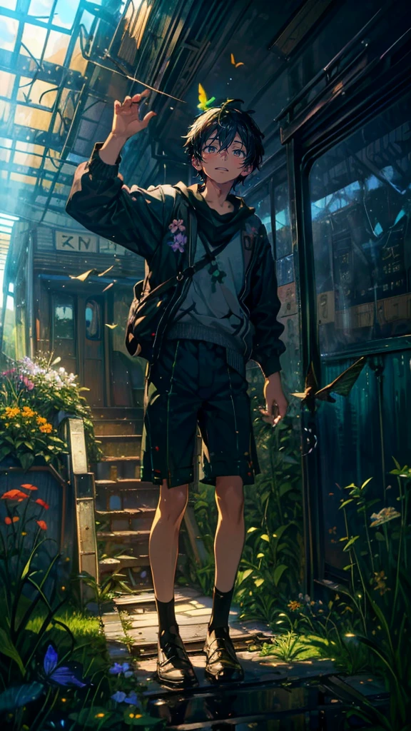 (Mastepiece), (Best Quality), Very detailed, (1 boy:1.5), (Full body solo shot:1.4), Perfect Face, Beautiful Boy, Very detailedな顔,(Black short hair:1.5),(Green Eyes:1.4),(short pants:1.4)、(Lots of butterflies々:1.4)、bird、(Abandoned train station platform、line:1.5)、(Plants、flower:1.4)、mysterious、Fantasy、beautiful、beautiful、(Close your eyes and laugh:1.3)、(Happy Face:1.4)、A big smile