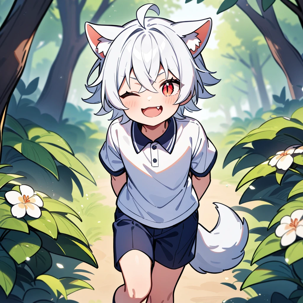 （masterpiece：1.2，high quality），4K，High resolution，A seven-year-old boy，cute boy，white hair，short hair，crossed bangs，red eyes，slit pupils，one eye closed， ahoge，cat ears，smile，teeth， fang，Wearing a white shirt，dark blue shorts，Stand in the forest，There are flowering trees on both sides.，primary school student，thigh，alone，dog tail，((Hands behind your back))