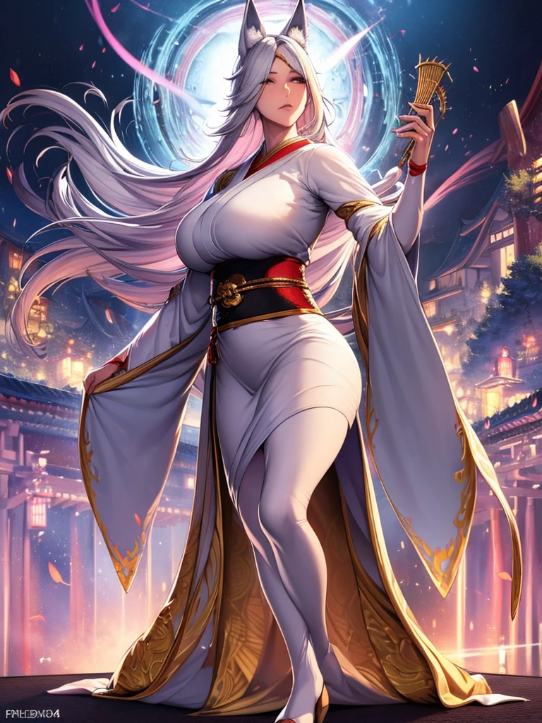 4K Digital art style quality, digital drawing mode, Japanese folklore-themed anime female character, silvery white hair with fox ears and tails, bright gold eyes, wearing a traditional dress with magical runes, holding a mystical fan, Blur the background to create a three-dimensional effect, atmosphere, standing in a serene feudal Japan village, radiant skin, flowing hair, glossy lips, protective eyes, full body, dynamic pose, life size, perfect anatomy, detailed skin texture, full HD, 4K, HDR, perfect anatomy, depth of field.