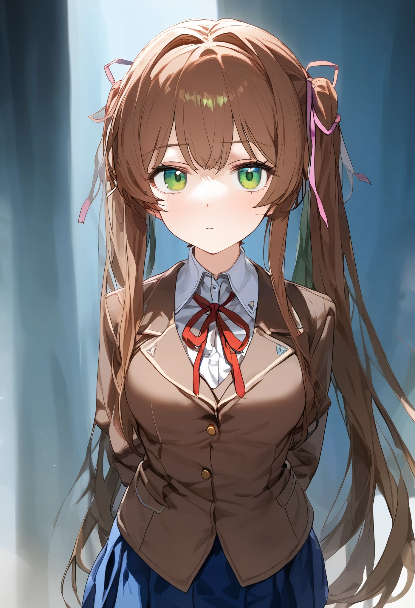 Monika, ddlc, ominous gaze, staring at the viewer, green eyes, school uniform, brown blazer, blue skirt