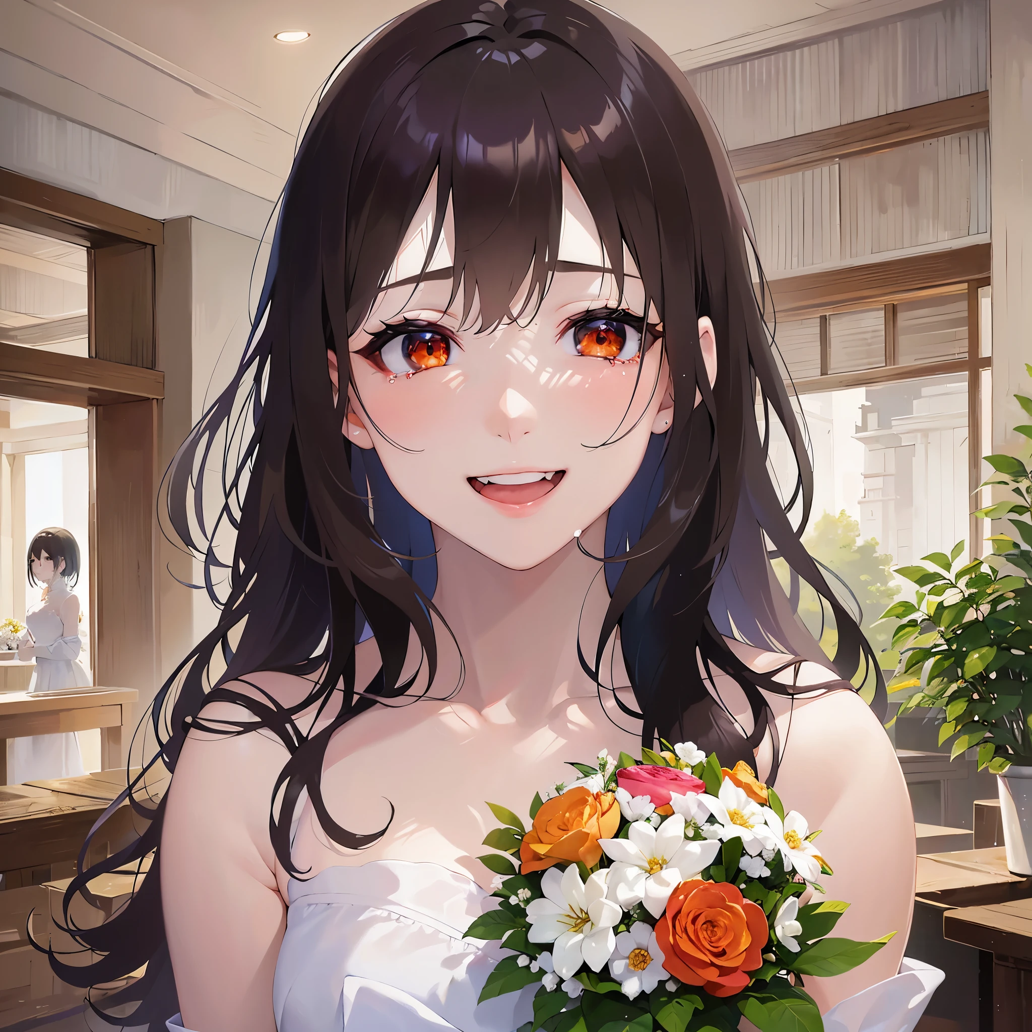 (looking at viewer:1.5),Upper Body,Holding a bouquet、
Realistic, real person, (pale skin: 1.2), RAW photo, photorealistic, shiny skin, shiny hair、
(A 25-year-old woman with medium-length hair and bangs) and (wavy hair) and (brown hair) and (orange eyes:1.5) 、
(tearful:1.3),(smile:1.5)、open mouth,White Wedding Dress、The background is inside the restaurant