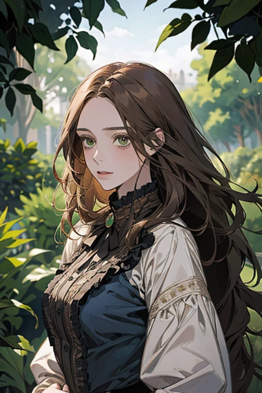 a digital painting of a woman with long brown wavy hair, green eyes, a young noble woman from the 1800's , soft features, navy blue dress, in a garden, portrait style