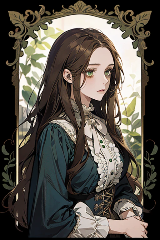 a digital painting of a woman with long brown wavy hair, green eyes, a young noble woman from the 1800's , soft features, navy blue dress, in a garden, portrait style