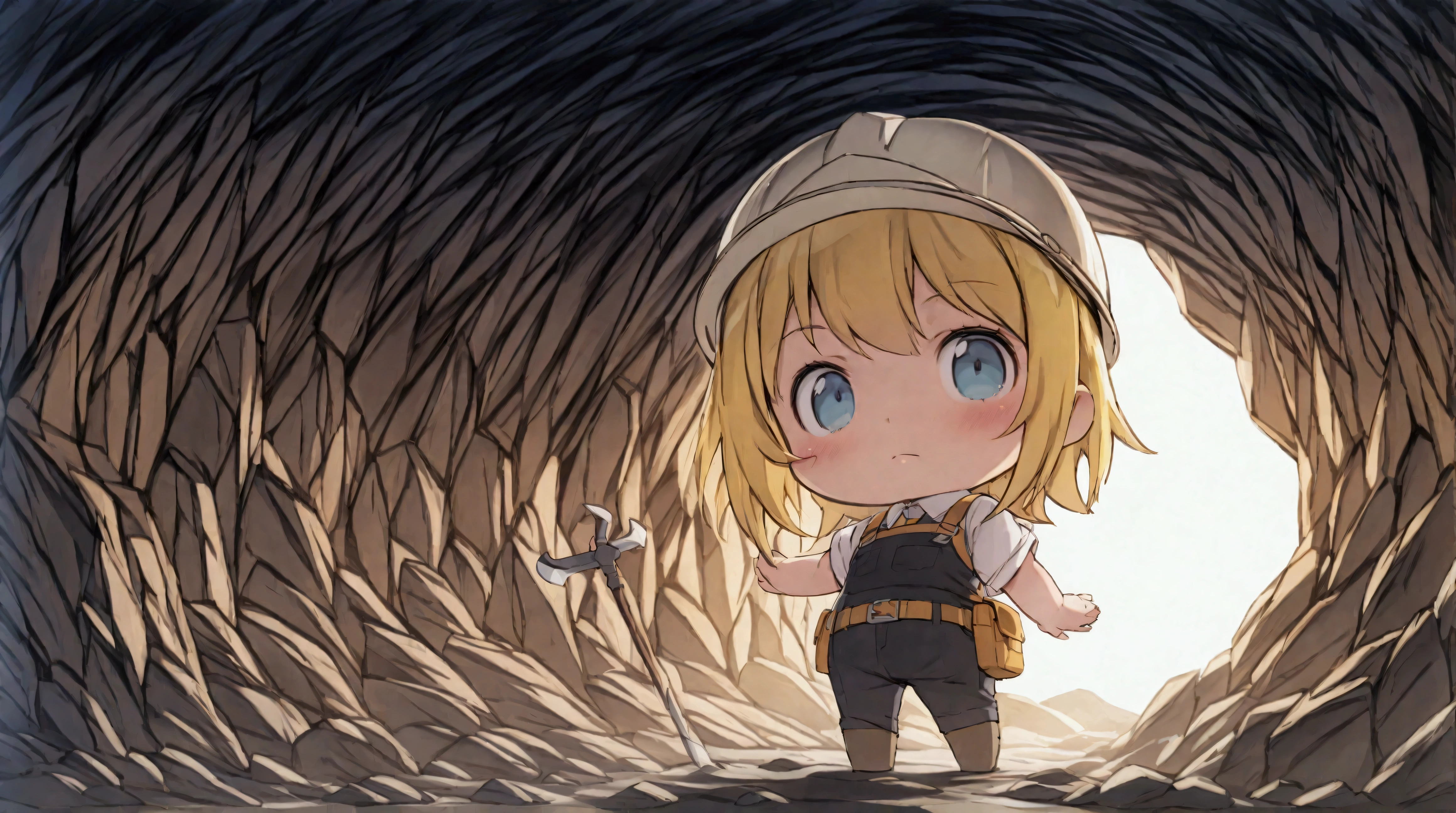 (masterpiece), (16k), (best quality), (perfect eyes), (high resolutions) , 

Raising a pickaxe, 

cute girl, 
chibi, 
full body, 
dark, In the cave, in the limestone cave, Crystal, Glowing Rock,

construction clothes, construction helmet, 
Work Pants, Construction Work Clothes,
Medieval European Clothing, 

Blonde, Black Hair, Brown Hair, Red Hair, Blue Hair, 