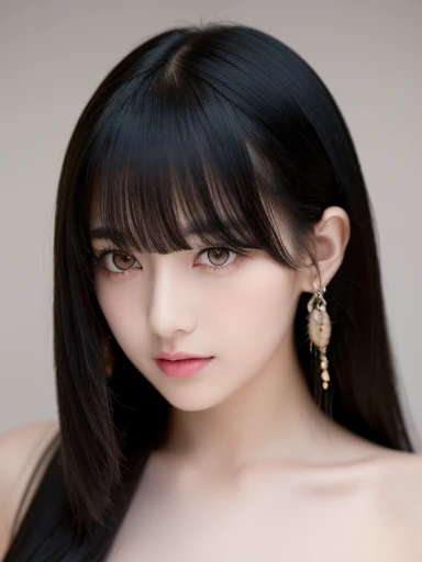 (Highest quality, ）, 1 girl, alone, Black Hair,Beautiful eyes in every detail,(?????)bangs,ear, Yellow Eyes, , Long Hair Styles,whole body