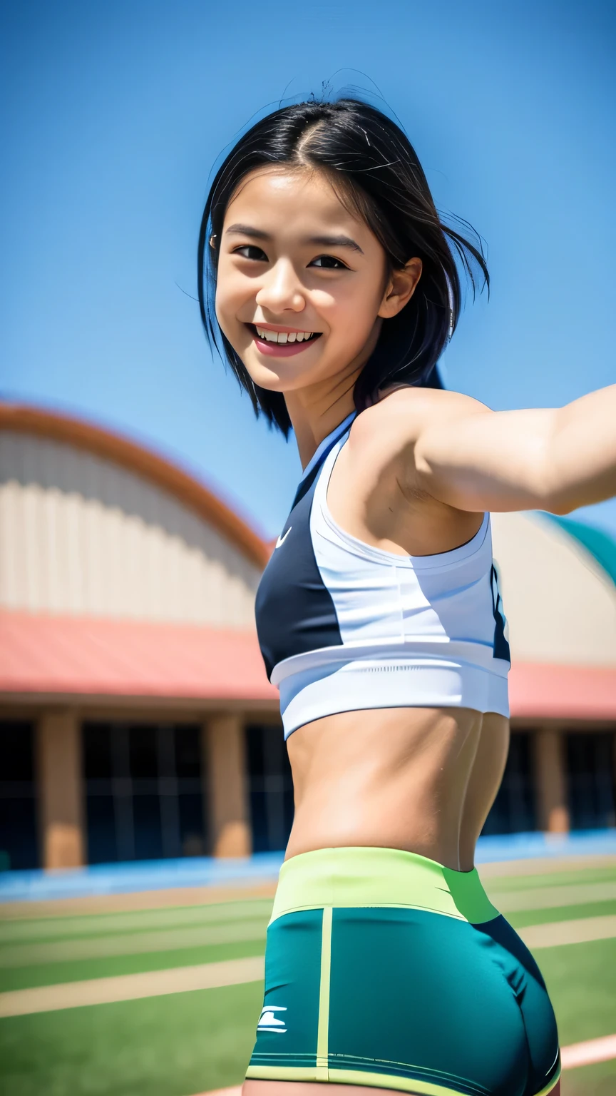 (8k),(masterpiece),(Japanese),(),((Innocent look)),((Childish)),Front view,smile,cute,Innocent,Kind eyes,Sports bra,semi-long,Hair blowing in the wind,Black Hair,Somewhat strong wind,noon,bright,No underwear