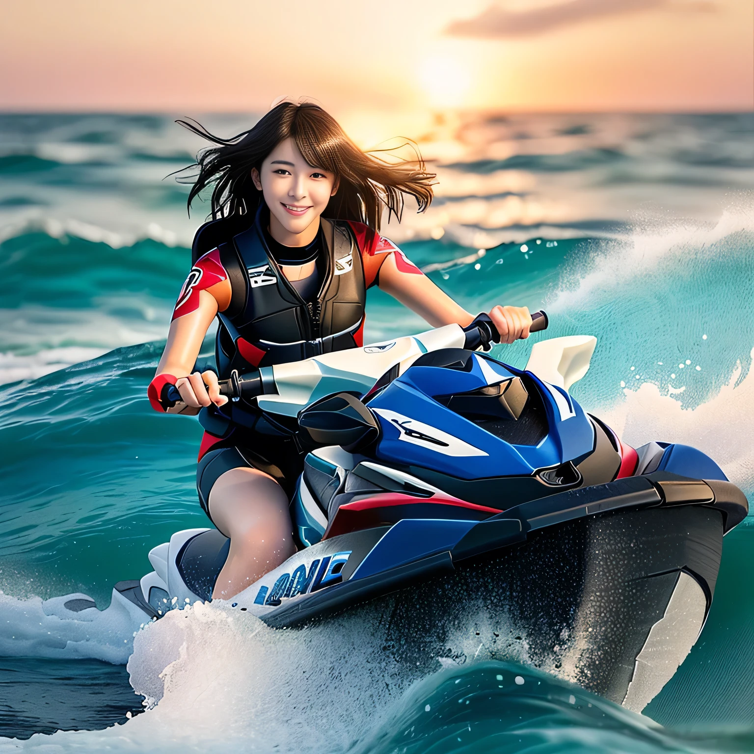 Photo-realistic quality、woman ライディング a jet ski on a wave in the ocean, Beautiful 18 year old Japanese idol,  Riding the wind and waves,  Speed across the ocean on a jet ski,looking at the camera、Detailed and beautiful eyes、Cute smile、A soft and gentle look