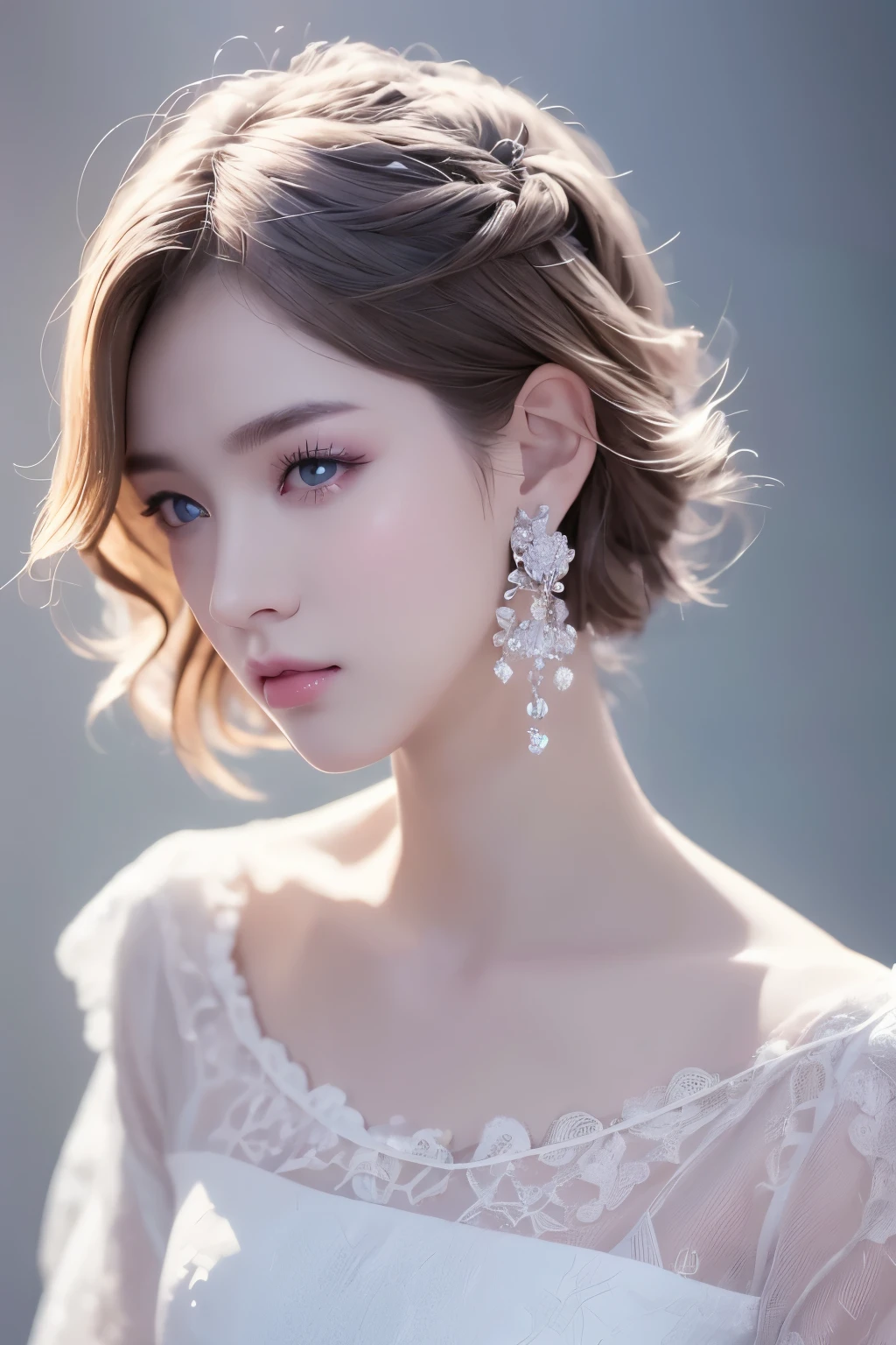 (8k, RAW Photos, Highest quality, masterpiece: 1.2), Super detailed, Super Resolution, (Genuine, Genuine photos: 1.3), Portraiture, High-resolution RAW color photos, Professional photos, とても細かくて美Shii, Very detailed, Amazing details, Large file size, Official Art, beautiful girls,Very detailed目, Very detailed肌, Very elaborate fingers, Very detailed鼻, Very sophisticated mouth, Perfect Anatomy, Detailed Background, Detailed clothing, One Girl, (20:1.2), , Cute girl, Realistic body,White skin, Glowing Skin, The body is slim, like々Shii, かわいらShii顔, Realistic Face, (short hair), Earrings, Dynamic Lighting,Very small and plump breasts、